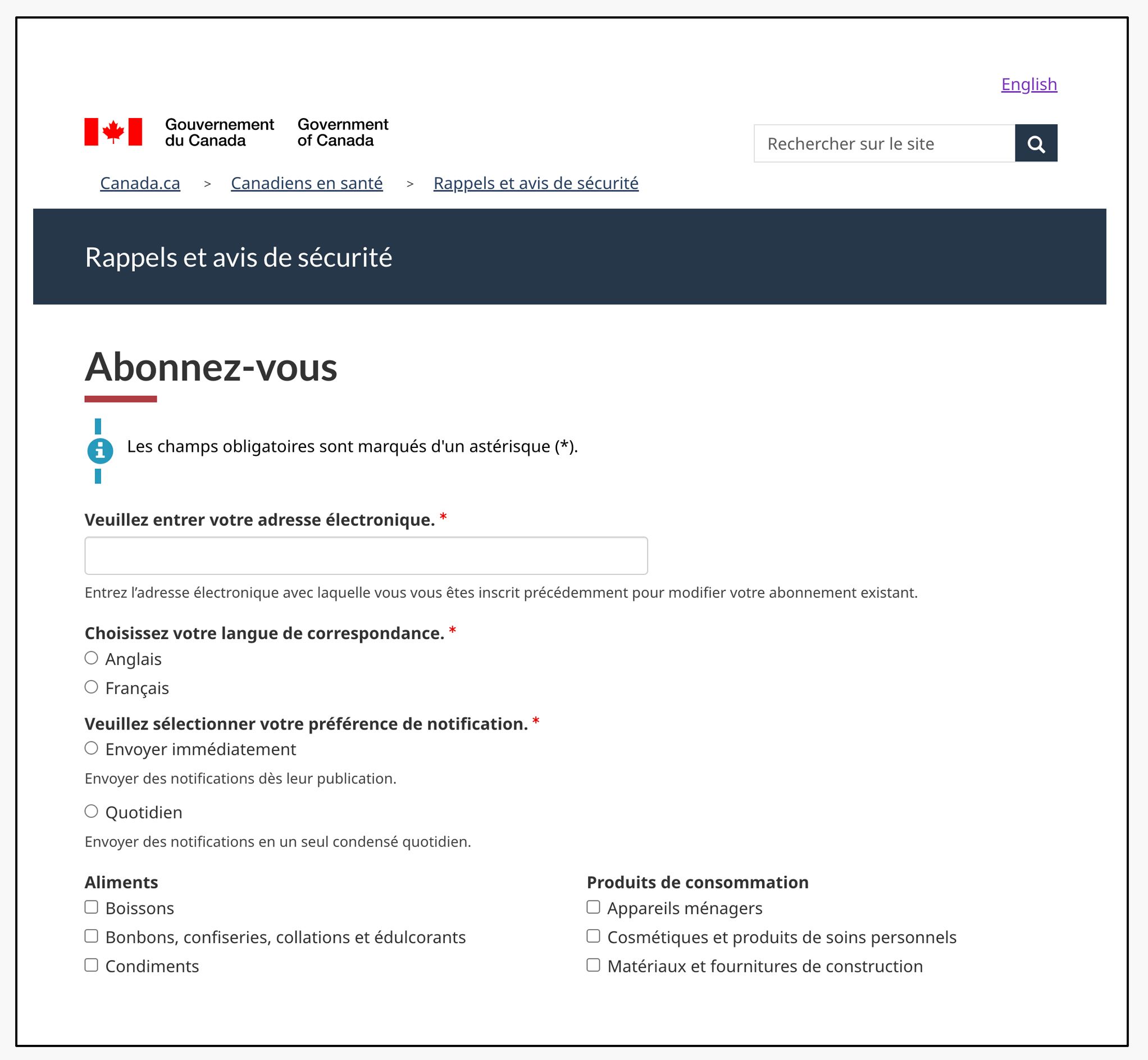 Une capture d’écran de la page d’abonnement par courriel de Rappels et avis de sécurité. L’image montre les champs correspondants à la langue de correspondance, la préférence de fréquence, ainsi que des listes de produits que l’on peut sélectionner pour recevoir des avis de sécurité.